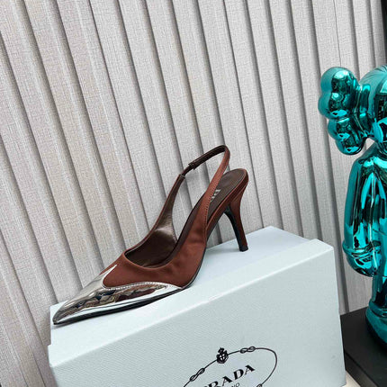 HIGH SLING BACK PUMPS IN SILVER MIX CHOCOLATE SATIN