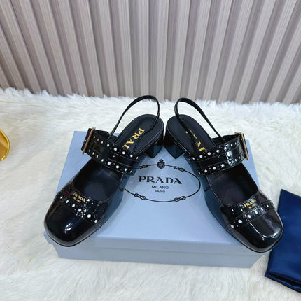 PRADA 26S SQUARE TOE STUDDED SLINGBACK BLOCK HEEL 40MM IN BLACK PATENT CALFSKIN