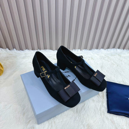 PRADA 26S T-STRAP MARY JANE PUMPS 40MM IN BLACK SUEDE WITH BOW