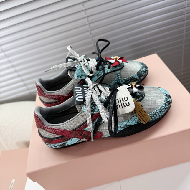 MIUMIU 26S GYMNASIUM SNEAKER IN SILVER FABRIC AND TURQUOISE BLUE SNAKE EFFECT CALFSKIN