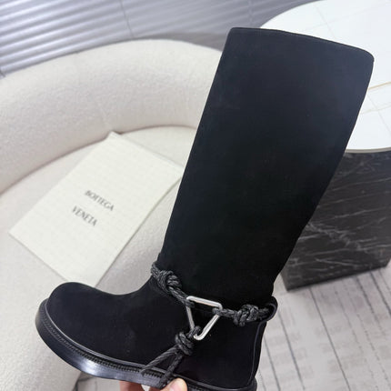 BOTTEGA VENETA 26S TALL BOOTS IN BLACK SUEDE WITH ROPE DETAIL