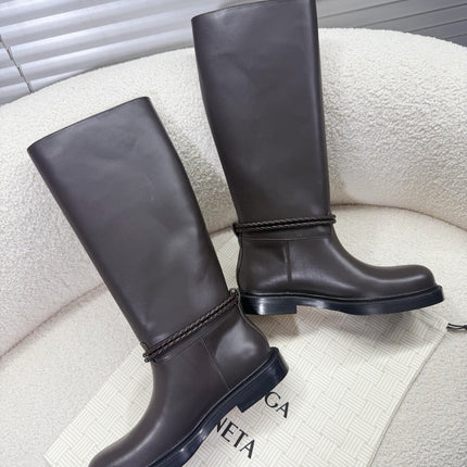 BOTTEGA VENETA 26S TALL BOOTS IN DARK BROWN CALFSKIN WITH ROPE DETAIL