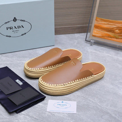 PRADA 26S MULES ESPADRILLES IN BROWN CALFSKIN