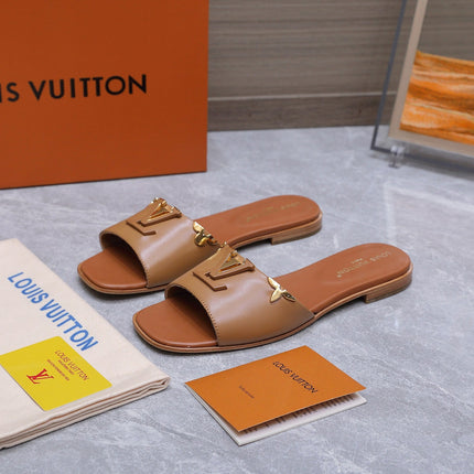 LV 26S FLAT SLIDE SANDALS IN ORANGE BROWN CALFSKIN GOLD HARDWARE