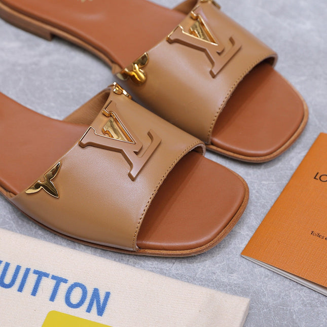 LV 26S FLAT SLIDE SANDALS IN ORANGE BROWN CALFSKIN GOLD HARDWARE