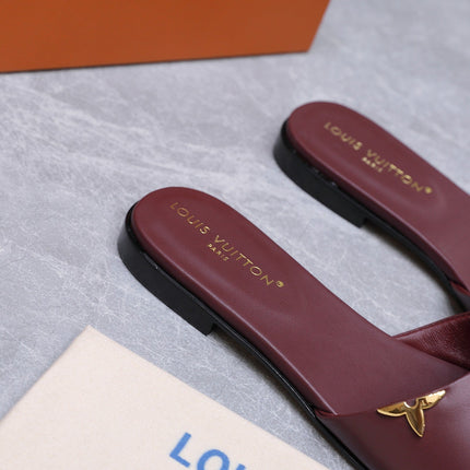 LV 26S FLAT SLIDE SANDALS IN WINE RED CALFSKIN GOLD HARDWARE