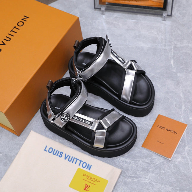 LV 26S CHAMELEON PLATFORM SANDALS 60MM IN SILVER AND BLACK CALFSKIN AND EVA