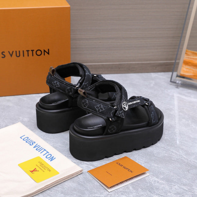 LV 26S CHAMELEON PLATFORM SANDALS 60MM IN BLACK MONOGRAM DENIM AND EVA