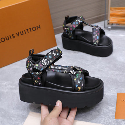 LV 26S CHAMELEON PLATFORM SANDALS 60MM IN BLACK MULTICOLOR MONOGRAM CALFSKIN AND EVA