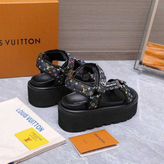 LV 26S CHAMELEON PLATFORM SANDALS 60MM IN BLACK MULTICOLOR MONOGRAM CALFSKIN AND EVA