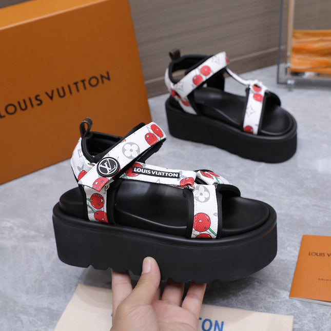 LV 26S CHAMELEON PLATFORM SANDALS 60MM IN WHITE CHERRY MONOGRAM CALFSKIN AND EVA