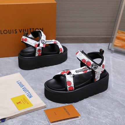 LV 26S CHAMELEON PLATFORM SANDALS 60MM IN WHITE CHERRY MONOGRAM CALFSKIN AND EVA