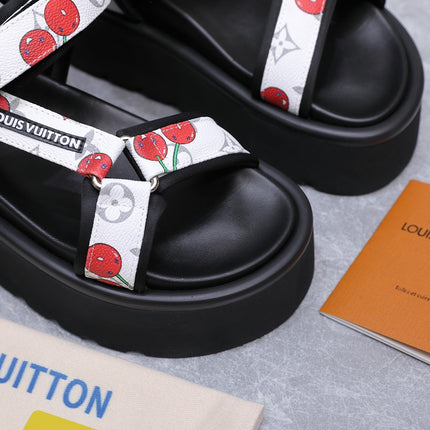 LV 26S CHAMELEON PLATFORM SANDALS 60MM IN WHITE CHERRY MONOGRAM CALFSKIN AND EVA