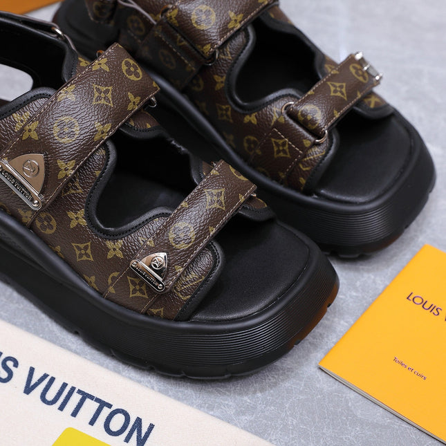 LV 26S CHAMELEON SANDALS 60MM IN DARK BROWN MONOGRAM COATED CALFSKIN AND EVA