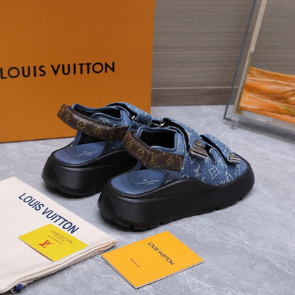 LV 26S CHAMELEON SANDALS 60MM IN BLUE MONOGRAM COATED DENIM AND EVA