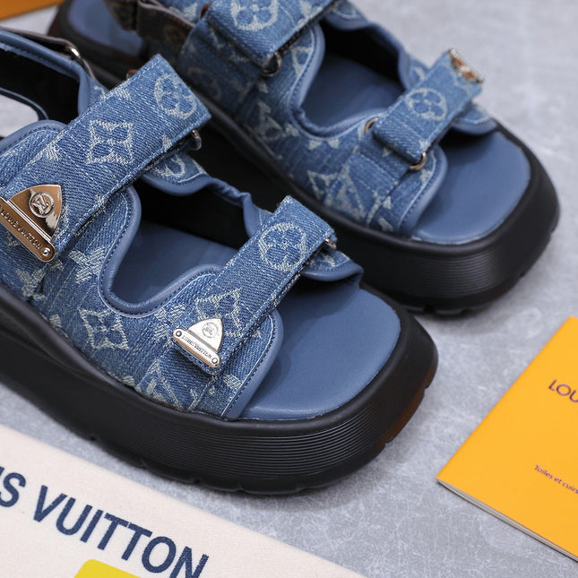 LV 26S CHAMELEON SANDALS 60MM IN BLUE MONOGRAM COATED DENIM AND EVA