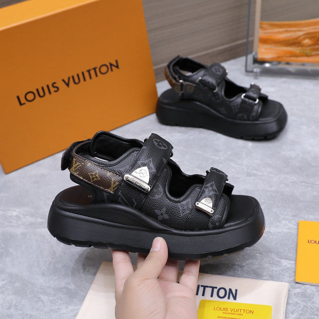 LV 26S CHAMELEON SANDALS 60MM IN BLACK MONOGRAM COATED CALFSKIN AND EVA
