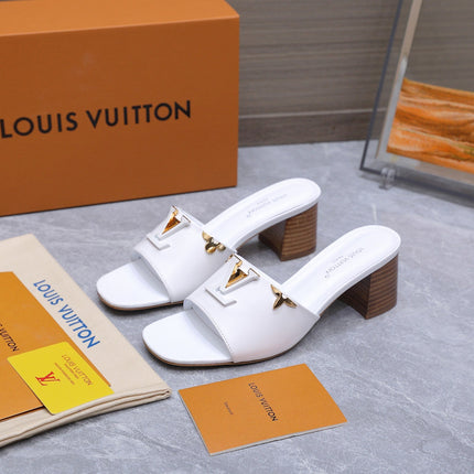 LV 26S BLOCK HEEL MULE SANDALS 55MM IN WHITE CALFSKIN GOLD HARDWARE