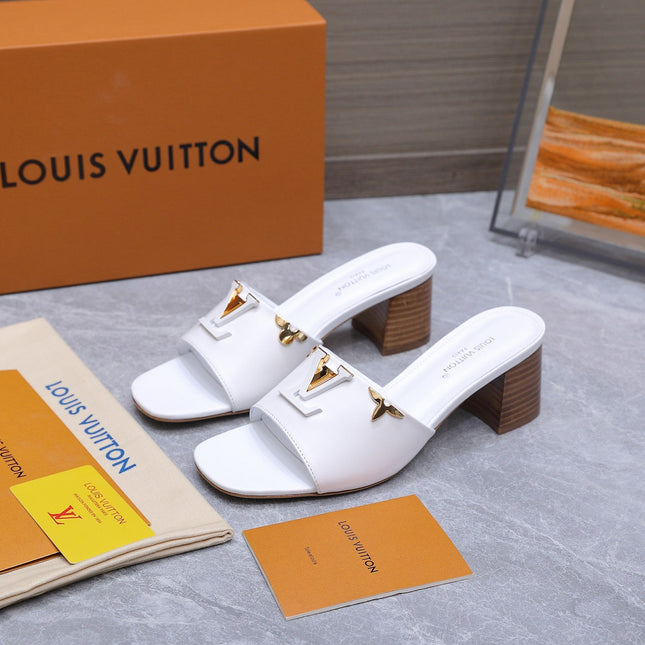 LV 26S BLOCK HEEL MULE SANDALS 55MM IN WHITE CALFSKIN GOLD HARDWARE