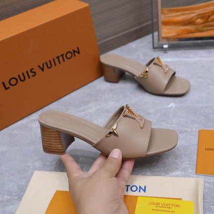 LV 26S BLOCK HEEL MULE SANDALS 55MM IN NUDE BROWN CALFSKIN GOLD HARDWARE