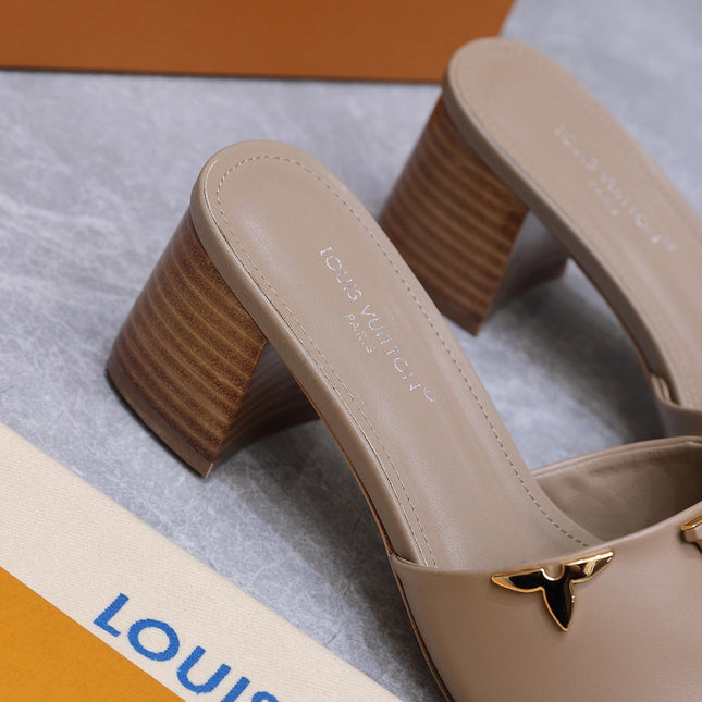 LV 26S BLOCK HEEL MULE SANDALS 55MM IN NUDE BROWN CALFSKIN GOLD HARDWARE