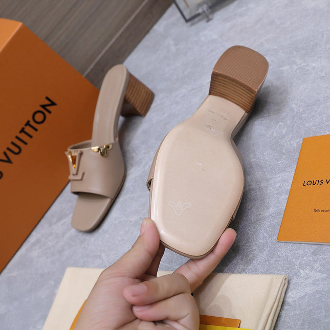LV 26S BLOCK HEEL MULE SANDALS 55MM IN NUDE BROWN CALFSKIN GOLD HARDWARE