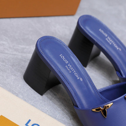 LV 26S BLOCK HEEL MULE SANDALS 55MM IN DARK BLUE CALFSKIN GOLD HARDWARE