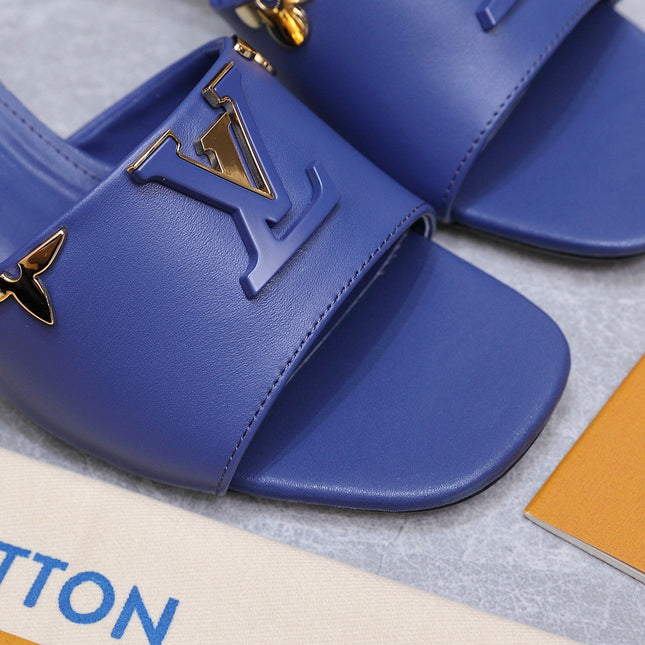 LV 26S BLOCK HEEL MULE SANDALS 55MM IN DARK BLUE CALFSKIN GOLD HARDWARE