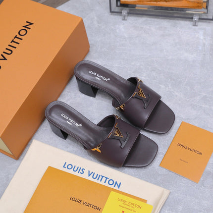 LV 26S BLOCK HEEL MULE SANDALS 55MM IN DARK BROWN CALFSKIN GOLD HARDWARE