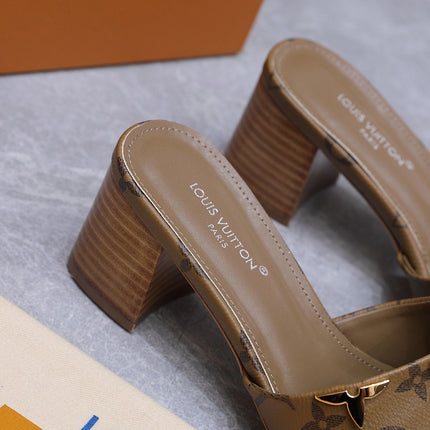 LV 26S BLOCK HEEL MULE SANDALS 55MM IN BROWN MONOGRAM CALFSKIN GOLD HARDWARE