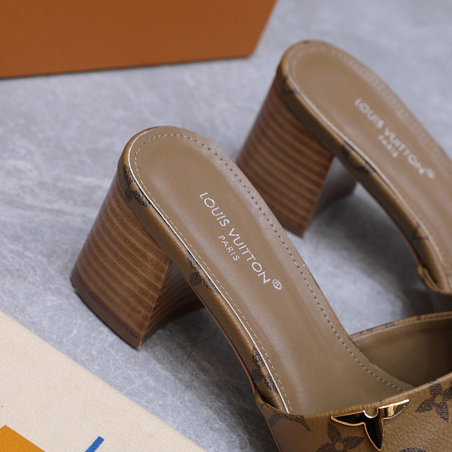 LV 26S BLOCK HEEL MULE SANDALS 55MM IN BROWN MONOGRAM CALFSKIN GOLD HARDWARE