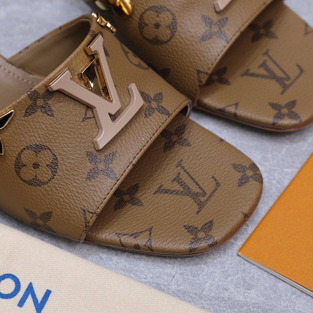 LV 26S BLOCK HEEL MULE SANDALS 55MM IN BROWN MONOGRAM CALFSKIN GOLD HARDWARE