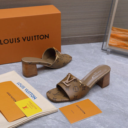LV 26S BLOCK HEEL MULE SANDALS 55MM IN BROWN MONOGRAM CALFSKIN GOLD HARDWARE