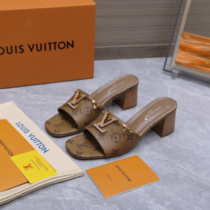 LV 26S BLOCK HEEL MULE SANDALS 55MM IN BROWN MONOGRAM CALFSKIN GOLD HARDWARE