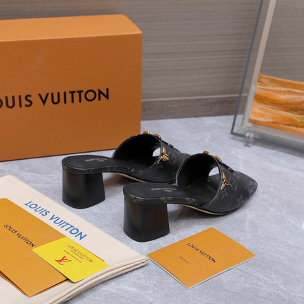 LV 26S BLOCK HEEL MULE SANDALS 55MM IN BLACK MONOGRAM CALFSKIN GOLD HARDWARE