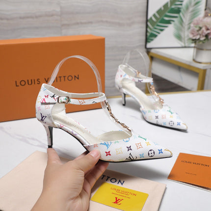 LV 26S ELEGANT T-STRAP HEELS 65MM IN WHITE MULTICOLOR MONOGRAM CALFSKIN GOLD HARDWARE