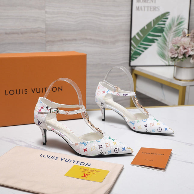 LV 26S ELEGANT T-STRAP HEELS 65MM IN WHITE MULTICOLOR MONOGRAM CALFSKIN GOLD HARDWARE
