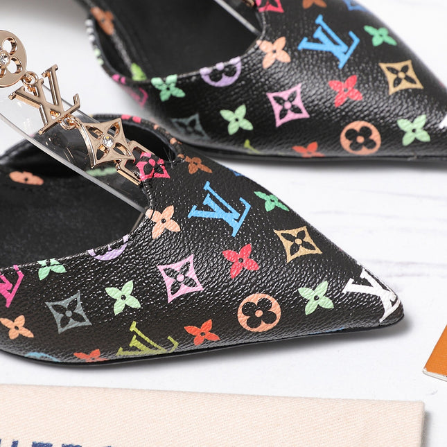 LV 26S ELEGANT T-STRAP HEELS 65MM IN BLACK MULTICOLOR MONOGRAM CALFSKIN GOLD HARDWARE