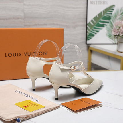 LV 26S ELEGANT T-STRAP HEELS 65MM IN CREAM WHITE CALFSKIN GOLD HARDWARE