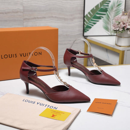 LV 26S ELEGANT T-STRAP HEELS 65MM IN BURGUNDY RED CALFSKIN GOLD HARDWARE