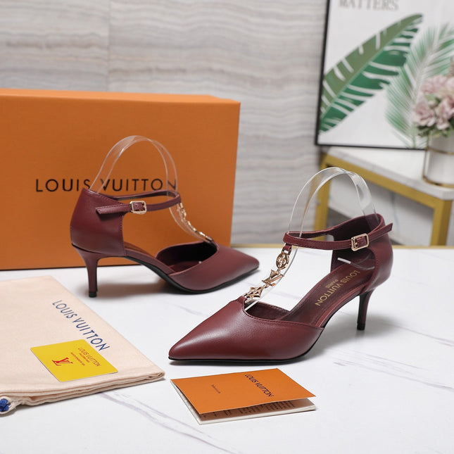 LV 26S ELEGANT T-STRAP HEELS 65MM IN BURGUNDY RED CALFSKIN GOLD HARDWARE