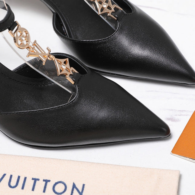 LV 26S ELEGANT T-STRAP HEELS 65MM IN BLACK CALFSKIN GOLD HARDWARE