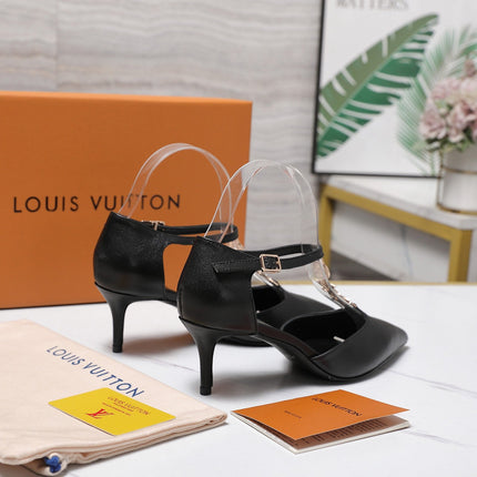 LV 26S ELEGANT T-STRAP HEELS 65MM IN BLACK CALFSKIN GOLD HARDWARE