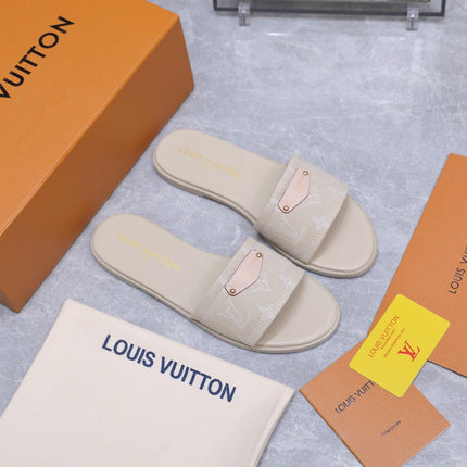 LV 26S FLAT SLIDE SANDALS IN NUDE BEIGE MONOGRAM CANVAS AND CALFSKIN