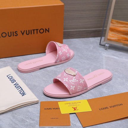 LV 26S FLAT SLIDE SANDALS IN LIGHT PINK MONOGRAM CANVAS AND CALFSKIN