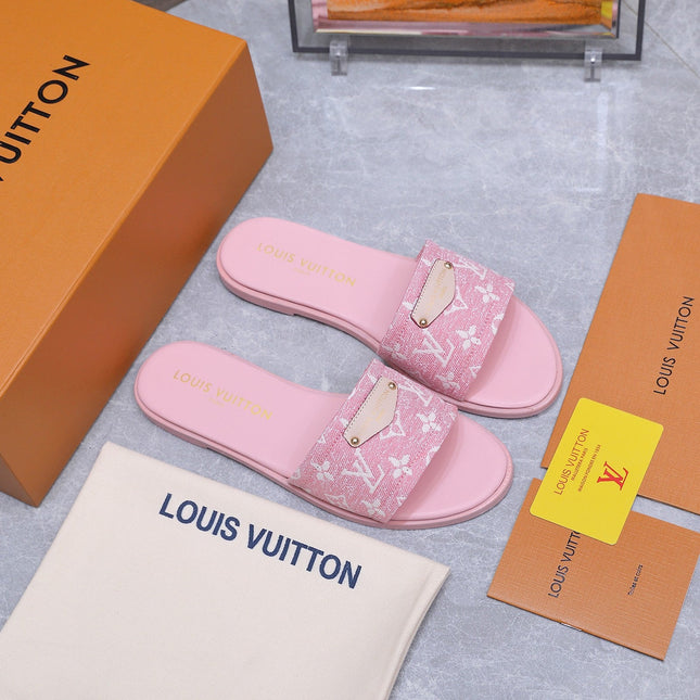 LV 26S FLAT SLIDE SANDALS IN LIGHT PINK MONOGRAM CANVAS AND CALFSKIN
