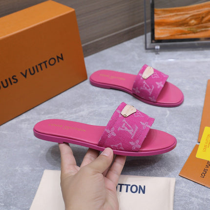 LV 26S FLAT SLIDE SANDALS IN HOT PINK MONOGRAM CANVAS AND CALFSKIN