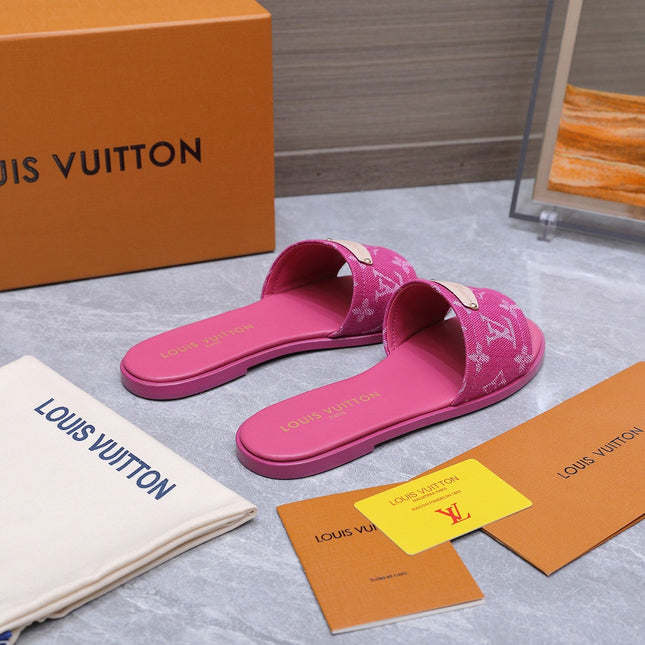 LV 26S FLAT SLIDE SANDALS IN HOT PINK MONOGRAM CANVAS AND CALFSKIN