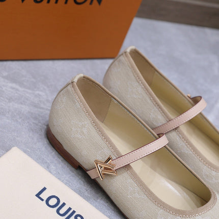 LV 26S MARY JANE FLATS IN BEIGE MONOGRAM DENIM WITH CALFSKIN STRAP