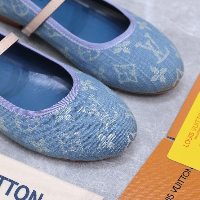 LV 26S MARY JANE FLATS IN SKY BLUE MONOGRAM DENIM WITH CALFSKIN STRAP